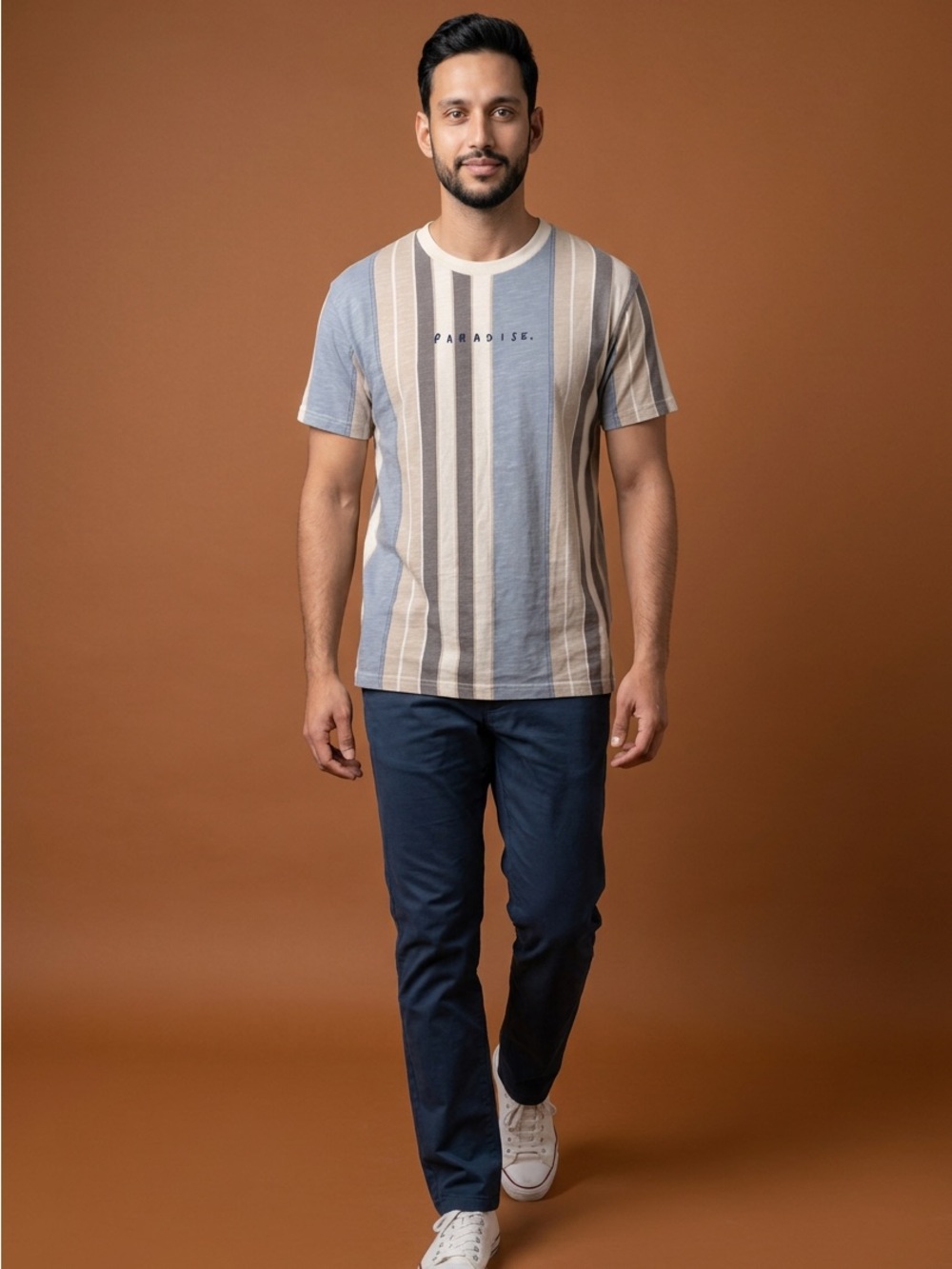 Cotton On Men XS Striped Loose Fit Tee in Cream and Brown Graphic “Paradise” EUC